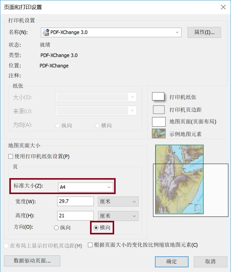 纸张大小和方向设置步骤:arcmap菜单栏中,文件→页面和打印设置,如下