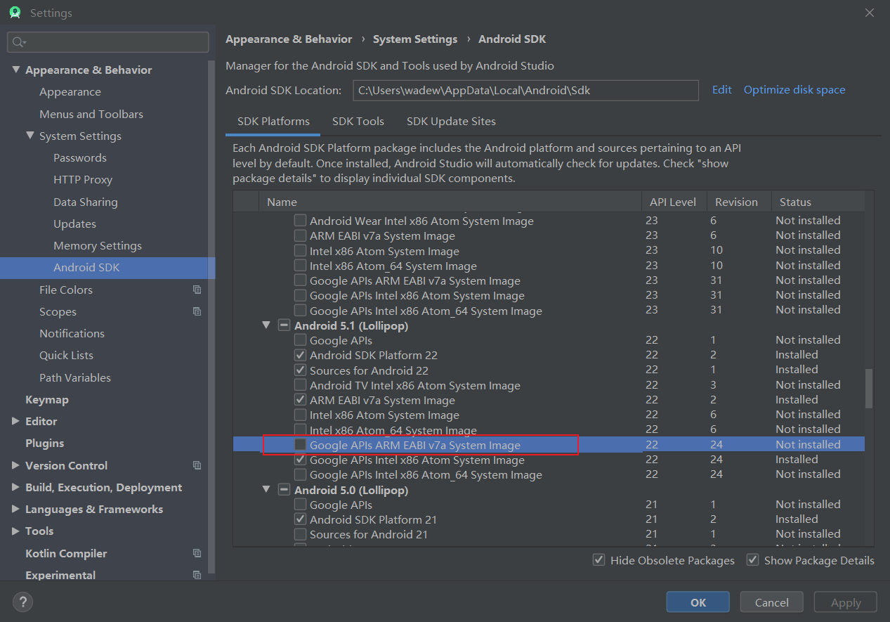 the android sdk location cannot be at the filesystem root