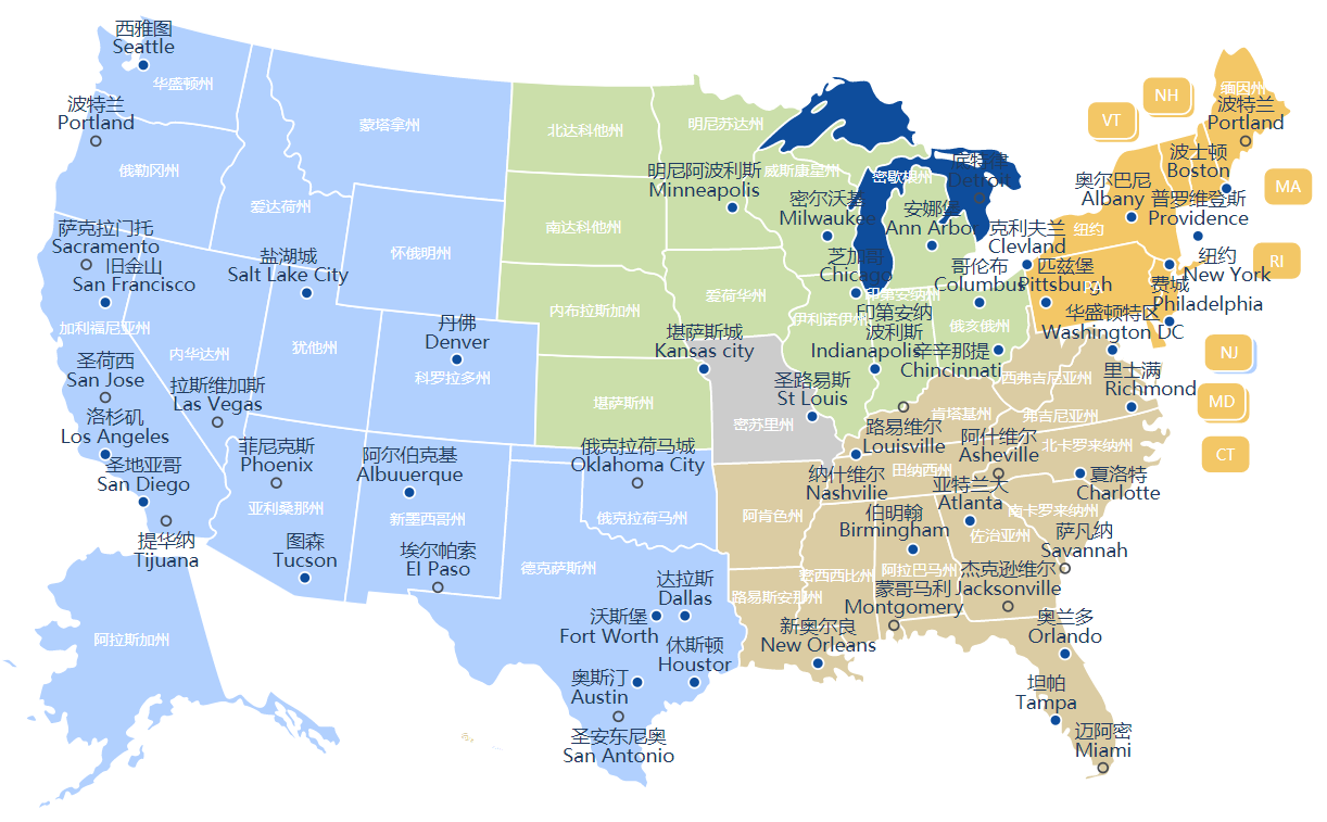 美国重要城市位置地图图片