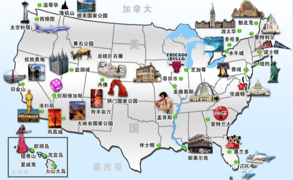 美国著名城市分布图图片