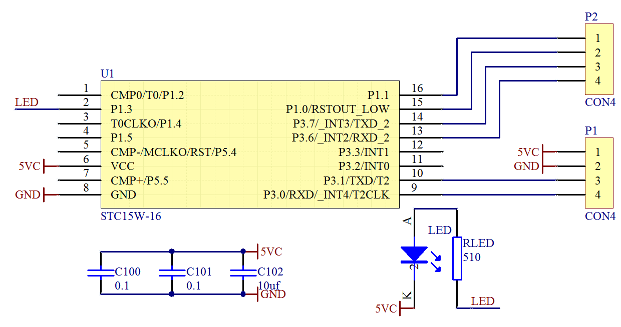 使用stc15w415as信件具体电路原理图如下:▲ 实验测试电路