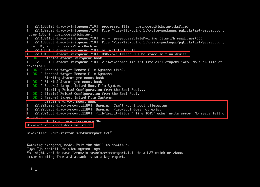 PXE装机报错,echo：write error :No space left on device。Warning：Can't mount