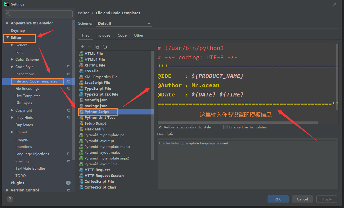 The header template information is automatically set in Pycharm when ...