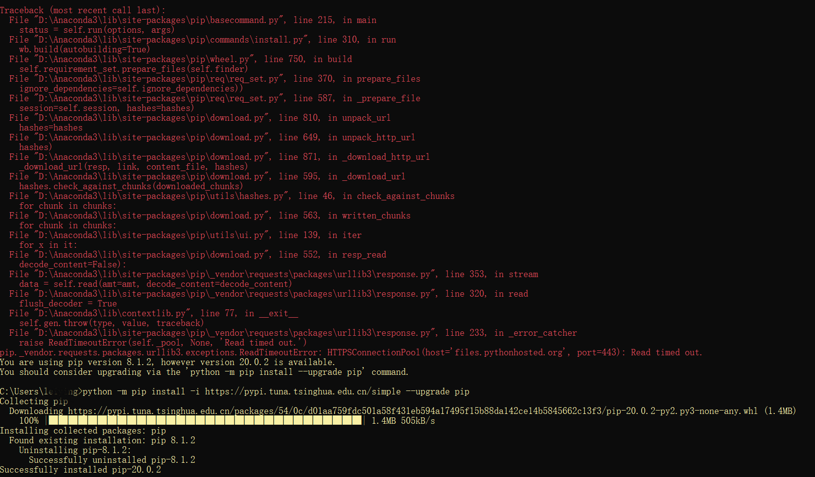 解决You are using pip version 8.1.2, however version 20.0.2 is available ...