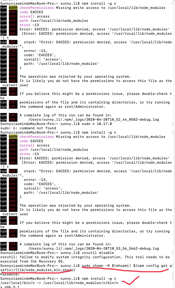 mac运行npm时报错It is likely you do not have the permissions to access this file as the current user