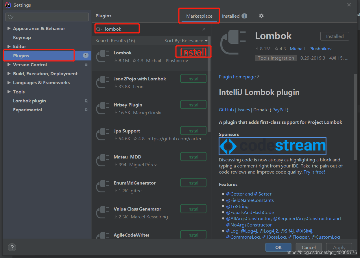 Install lombok plugin