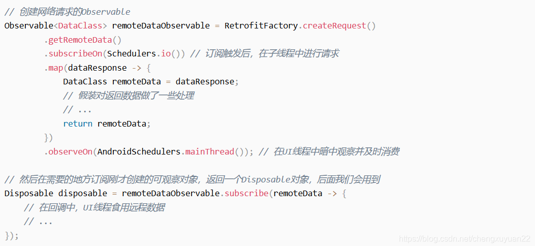 // 创建网络请求的ObservablecompositeDisposable.add(Retrofits.lpyService().auctionAddBuyer(itemAuctionId.value, buyerName, buyerPhone, buyerIdCard).map(new HttpResultNullFunc<>())// 在UI线程中暗中观察并及时消费.observeOn(AndroidSchedulers.mainThread())// 然后在需要的地方订阅刚才创建的可观察对象，返回一个Disposable对象，后面我们会用到.subscribe(objectOptional -> {Toast.makeText(this, "添加成功", Toast.LENGTH_SHORT).show();this.finish();},displayErrorAction(this)));