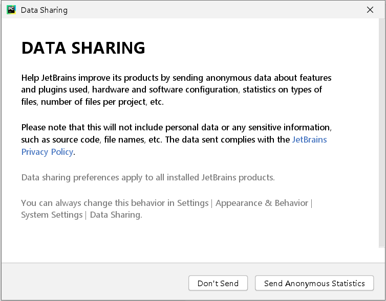 DATA SHARING Help JetBrains improve its products by sending anonymous data about features and plugin