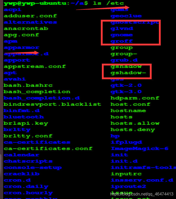 解释:/etc目录下的文件可以让我们进行相应的演示图中蓝色的代表着文件夹 而绿色的就是一个一个普通文件 我们输入的命令是查看目录的命令ls 、etc 这些文件也就四我们平时所说的配置文件