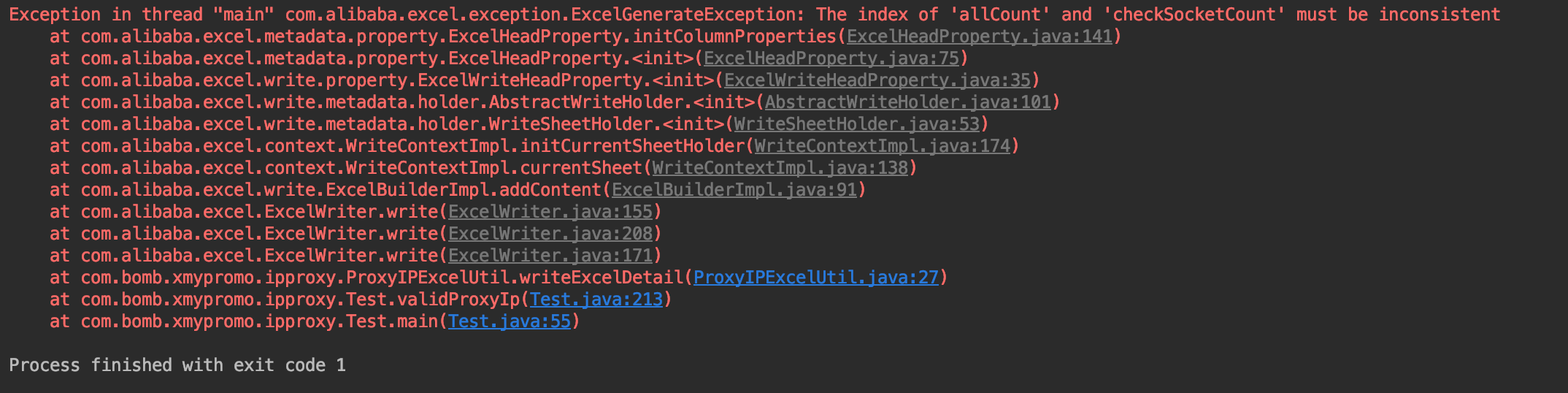 EasyExcel ExcelGenerateException: The index of 'xx' and 'xx' must be inconsistent