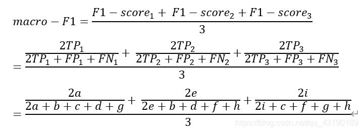 macro-F1=(〖F1-score〗_1+ 〖F1-score〗_2+〖F1-score〗_3)/3=((2〖TP〗_1)/(〖2TP〗_1+〖FP〗_1+〖FN〗_1 )+ (2〖TP〗_2)/(〖2TP〗_2+〖FP〗_2+〖FN〗_2 )+(2〖TP〗_3)/(〖2TP〗_3+〖FP〗_3+〖FN〗_3 ))/3=(2a/(2a+b+c+d+g)+ 2e/(2e+b+d+f+h)+2i/(2i+c+f+g+h))/3