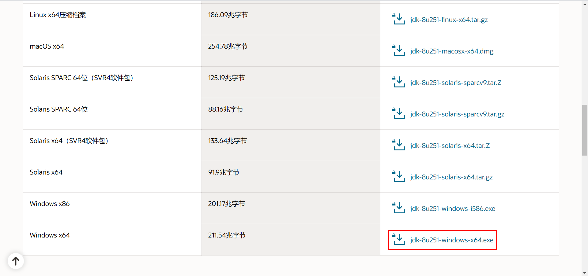 点击jdk-8u251-windows-x64.exe进行下载