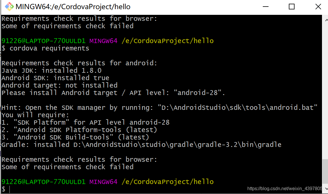 $ cordova requirements 出现错误Please install Android target / API level ...