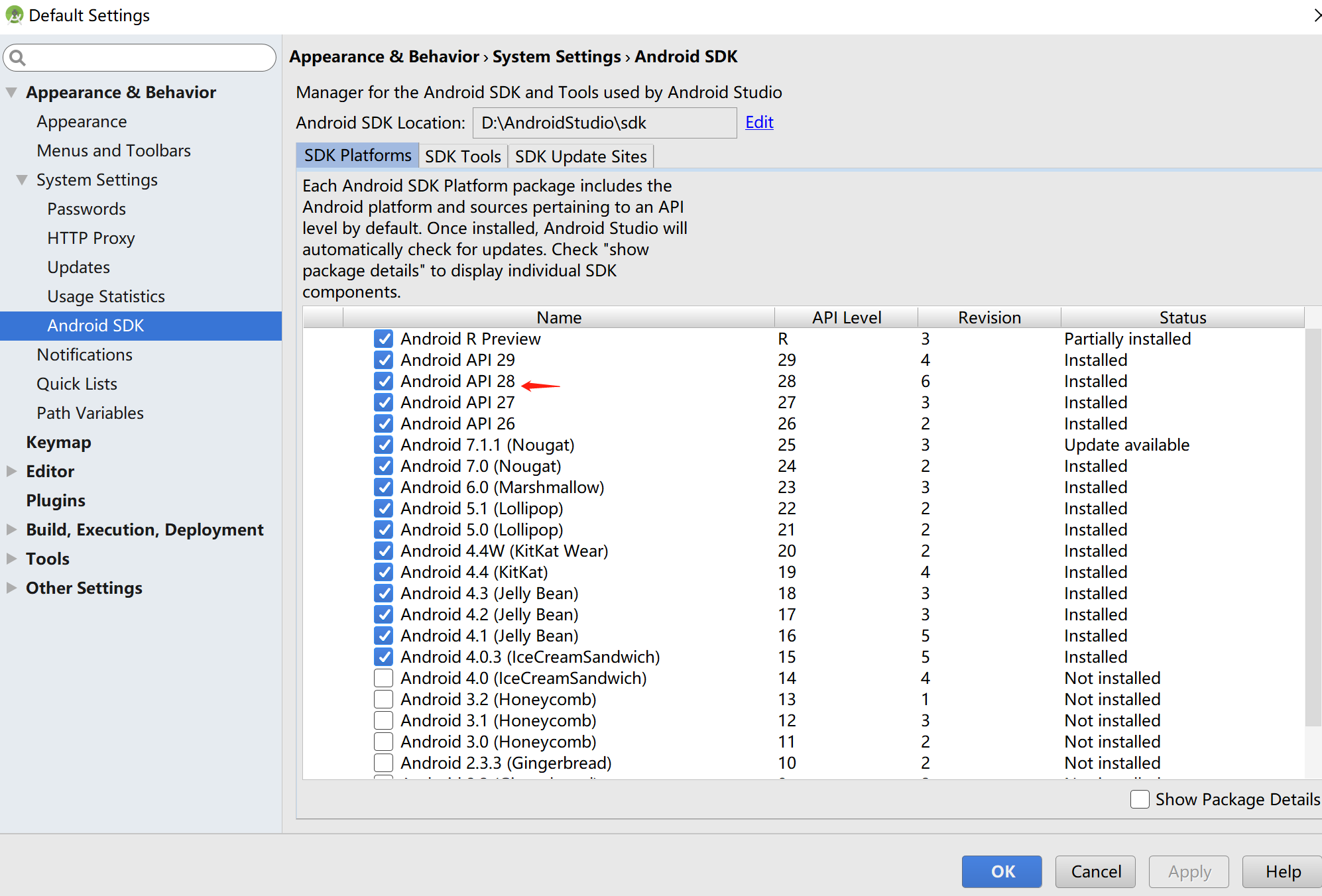  cordova requirements 出现错误Please install Android target / API level