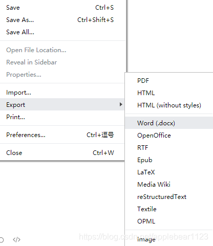 Typora document conversion menu options