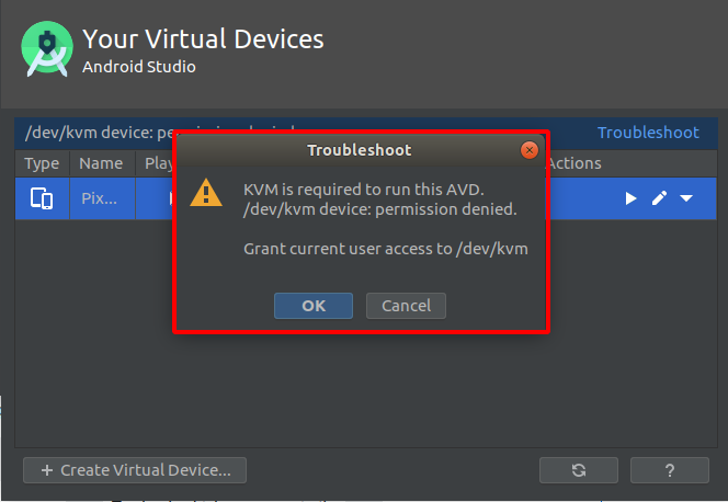 android studio dev kvm device permission denied
