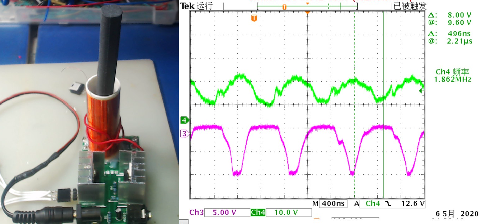 ▲ 高频磁棒加入线圈后的波形，注意：右侧的CH4频率显示不正确