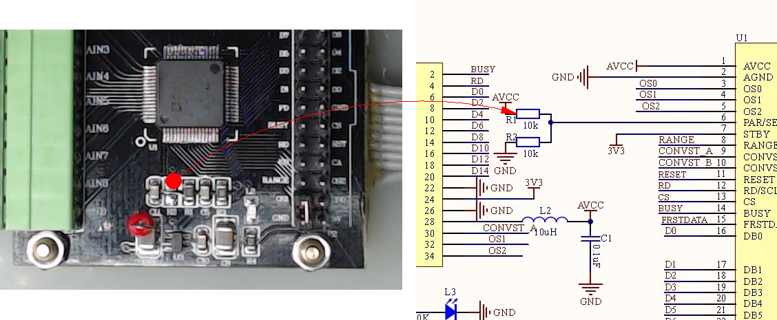 ▲ 板上通过R1,R2的焊接来确定串行和还是并行接口
