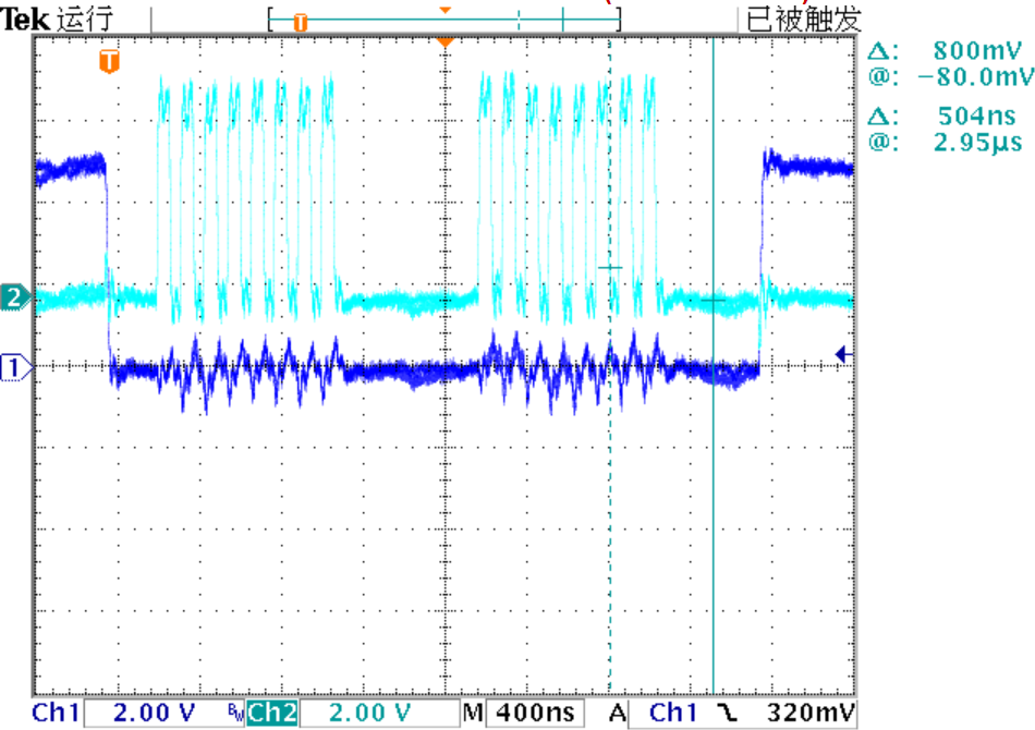 ▲ 示波器观察到DA8830的CS，CLK的波形