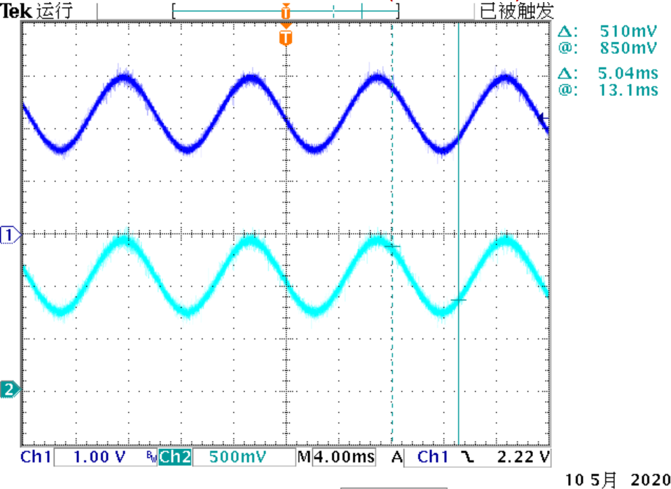 ▲ DAC8830的Dout(Cyan)与Vref(Blue)的波形