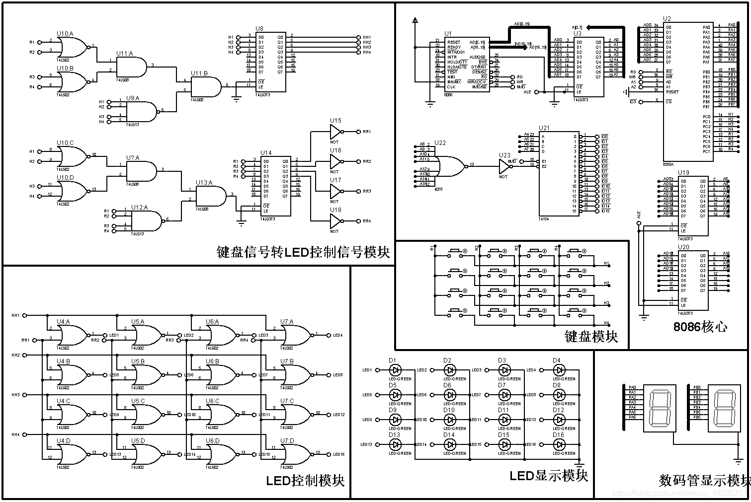 完整的系统，通过地址译码寻址，键盘监测，LED和数码管共同显示