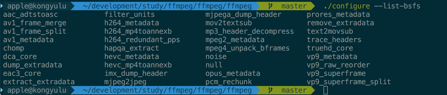 查看FFmpeg支持的字节流过滤器