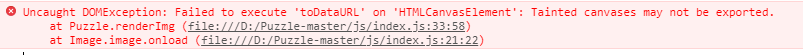 index.js:33 Uncaught DOMException: Failed to execute 'toDataURL' on 'HTMLCanvasElement': Tainted canvases may not be exported.