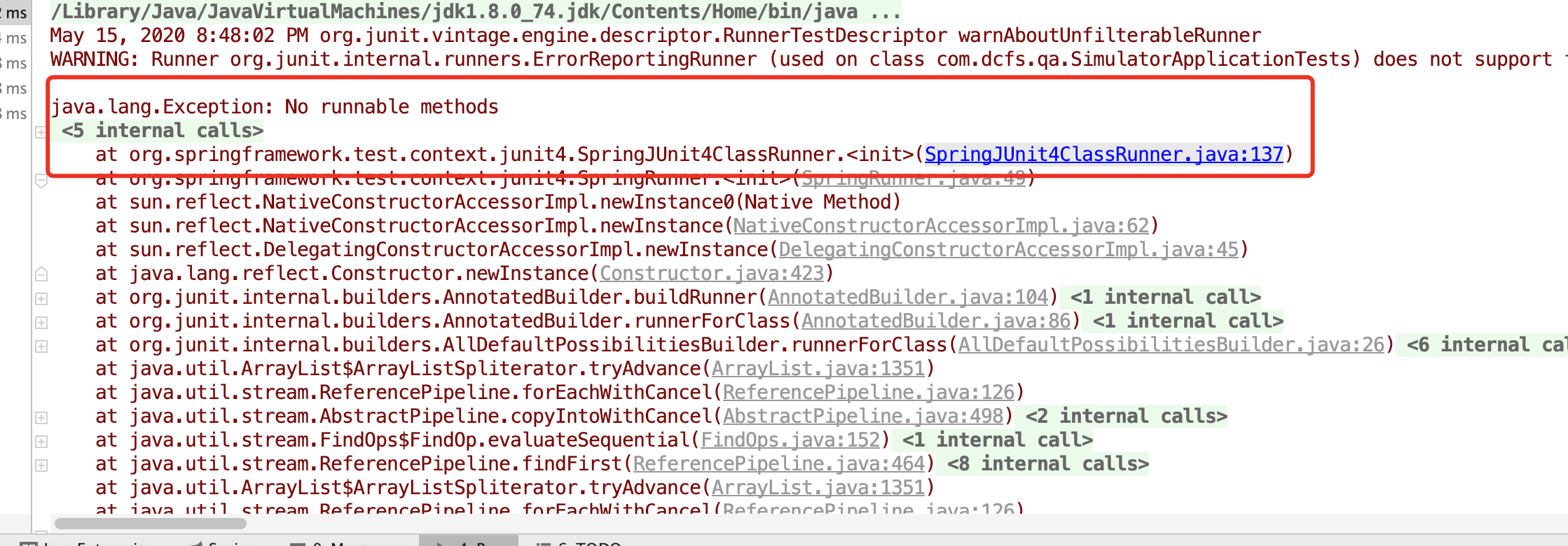 java.lang.Exception No runnable methods at org.springframework.test