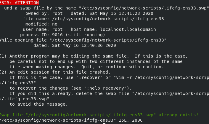 Linux E325: ATTENTION Found a swap file by the name /etc/sysconfig