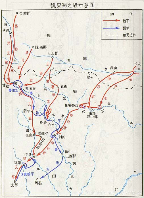 [外链图片转存失败,源站可能有防盗链机制,建议将图片保存下来直接上传(img-gDgdfC77-1589713646943)( ./images/threeKindoms/26魏灭蜀之战示意图.jpg)]