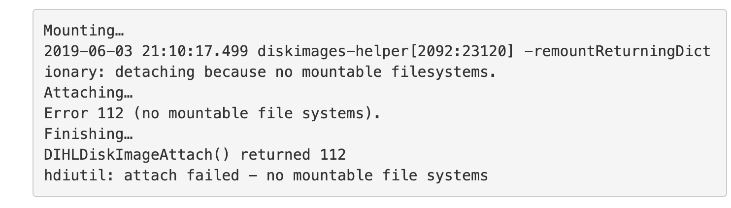 dmg file error no mountable file system