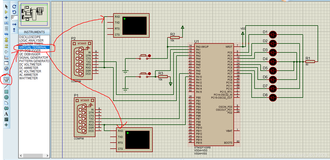 4、Proteus仿真STM32串口通信,发送数据控制LED流水灯的启动和停止嵌入式weixin46136508的博客-