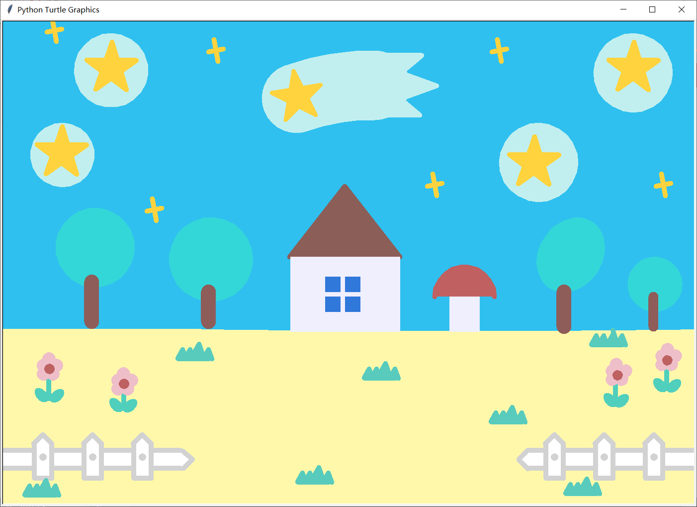 用pythonturtle画画草地天空星星花朵小草