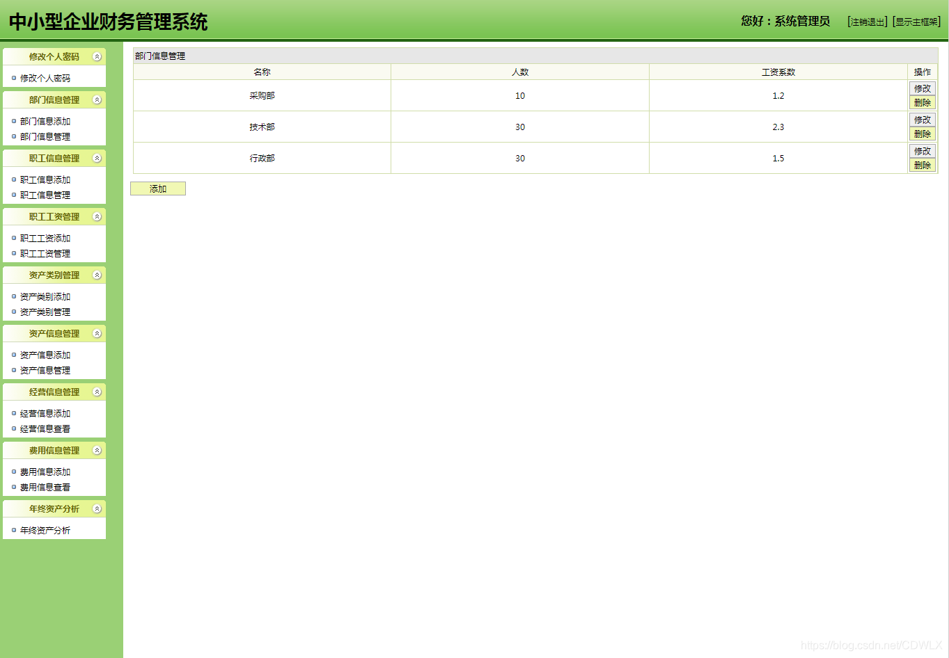 部门信息列表管理页面