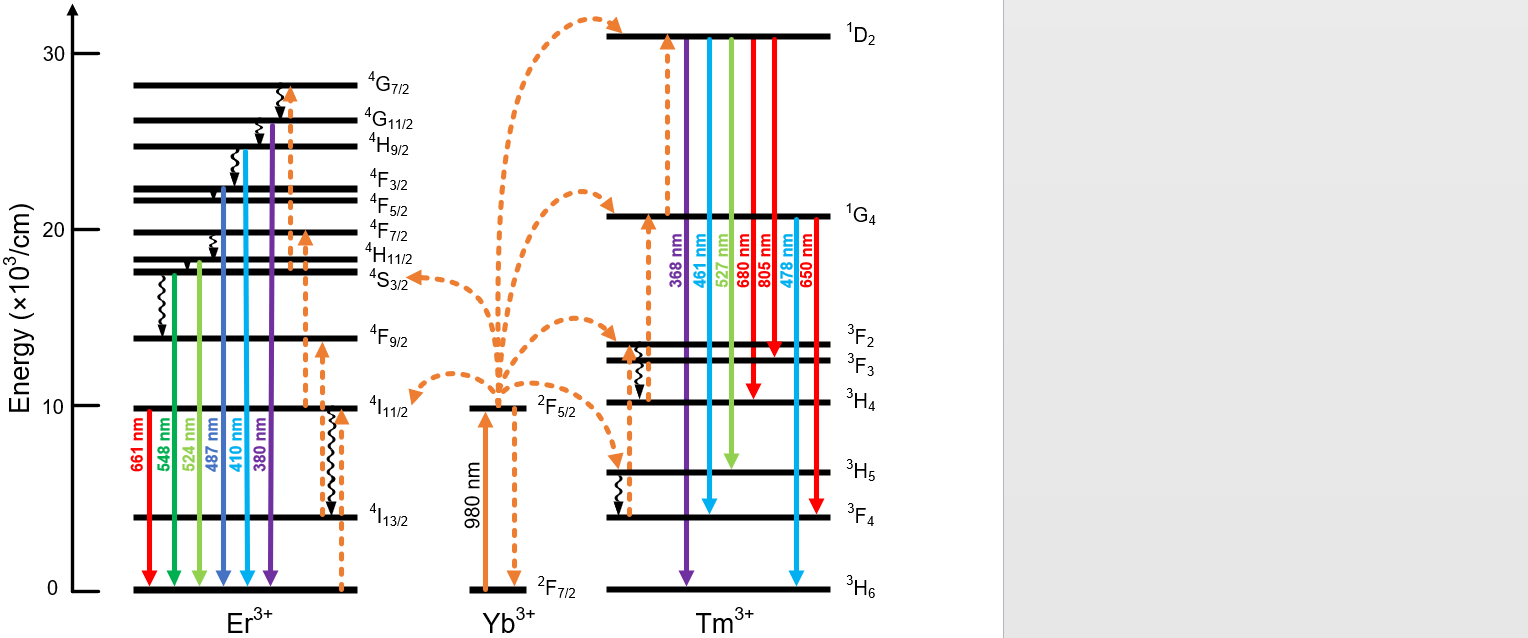 【无机纳米材料科研制图——Visio 0304】上转换NaYF4:Yb Er/Tm光子能级跃迁图