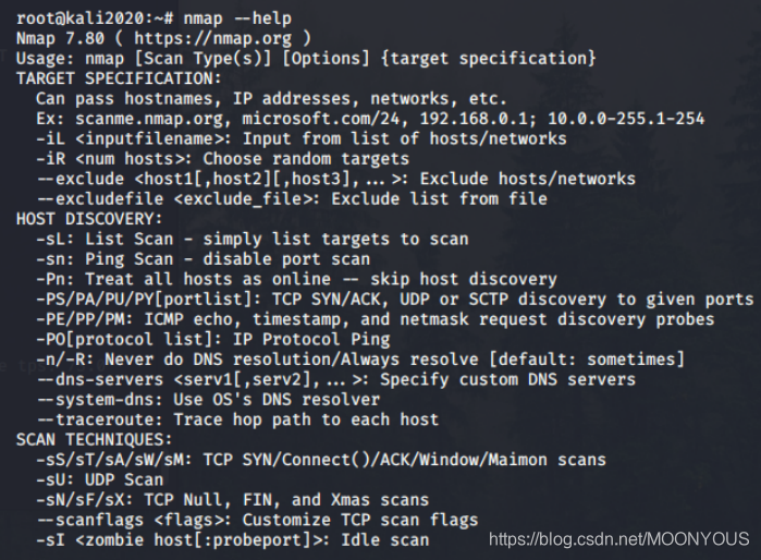 可以用nmap --help查看基本的参数使用