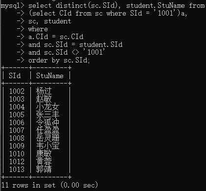 SQL经典50查询语句案例_11(查询至少有一门课与学号为“1001”的同学所学相同的同学的学号和姓名)