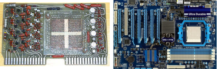 ▲ 对比1968年计算器中的电路板和现代计算机主板