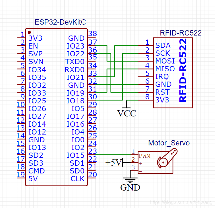 ESP32、RFID和Servo的连接图