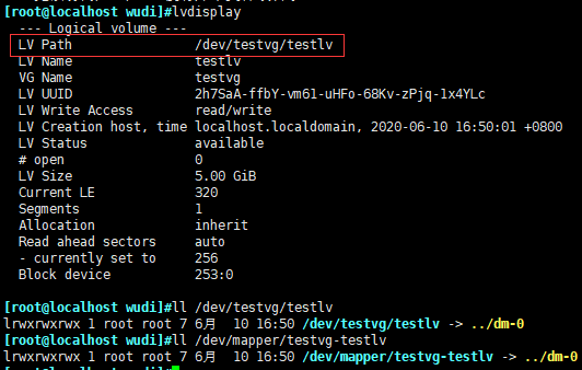 /dev/testvg/testlv并不是该设备得名称通过下方得查看结果可以看出该名称为软连接，真实名称为dm-0（之后如果再划分新逻辑卷名称dm-1依次增加）