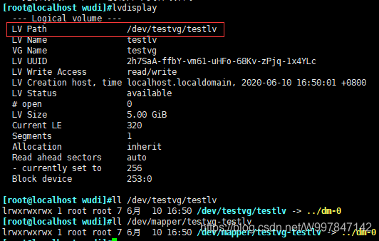 /dev/testvg/testlv并不是该设备得名称通过下方得查看结果可以看出该名称为软连接，真实名称为dm-0（之后如果再划分新逻辑卷名称dm-1依次增加）