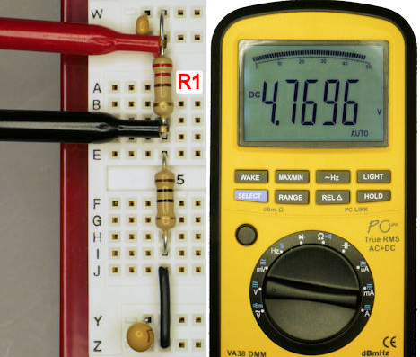 ▲ 测量R1两端电压：4.7696V