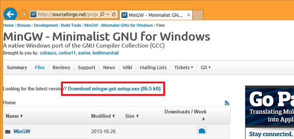 图2在下一个屏幕上单击“Download mingw-get-setup.exe(86.5kB)”链接