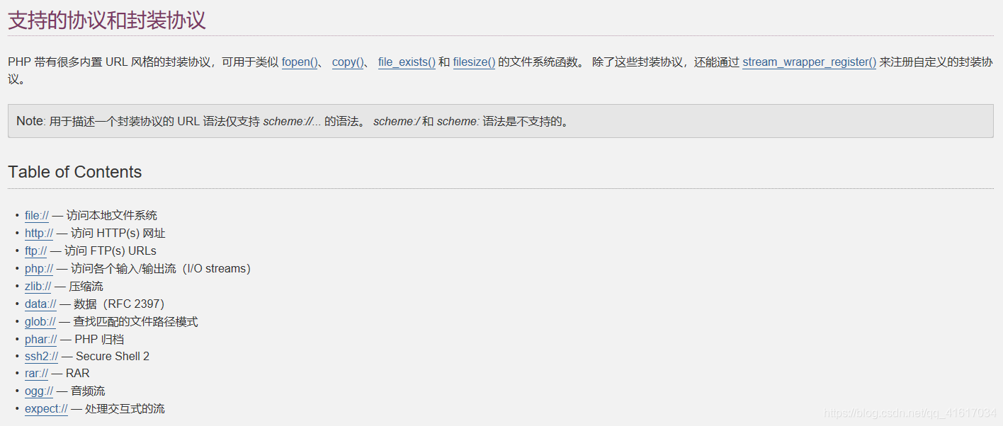 > PHP带有很多内置URL风格的封装协议，可用于类似fopen()、copy()、file_exists()和filesize()的文件系统函数。 除了这些封装协议，还能通过stream_wrapper_register()来注册自定义的封装协议