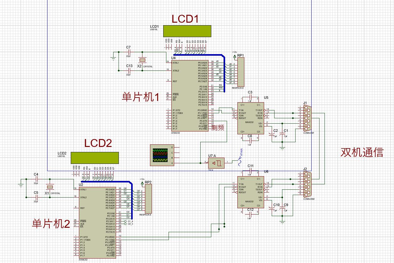 Proteus仿真—51单片机实现AC信号测频、显示、双机通信蜡笔小新没有博客-proteus双通机的电路图