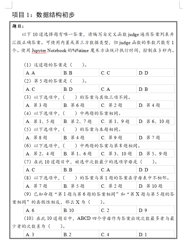 python逻辑题(以下10道选择题有唯一答案，请编写自定义函数judge遍历答案列表并汇报正确答案)randolph-