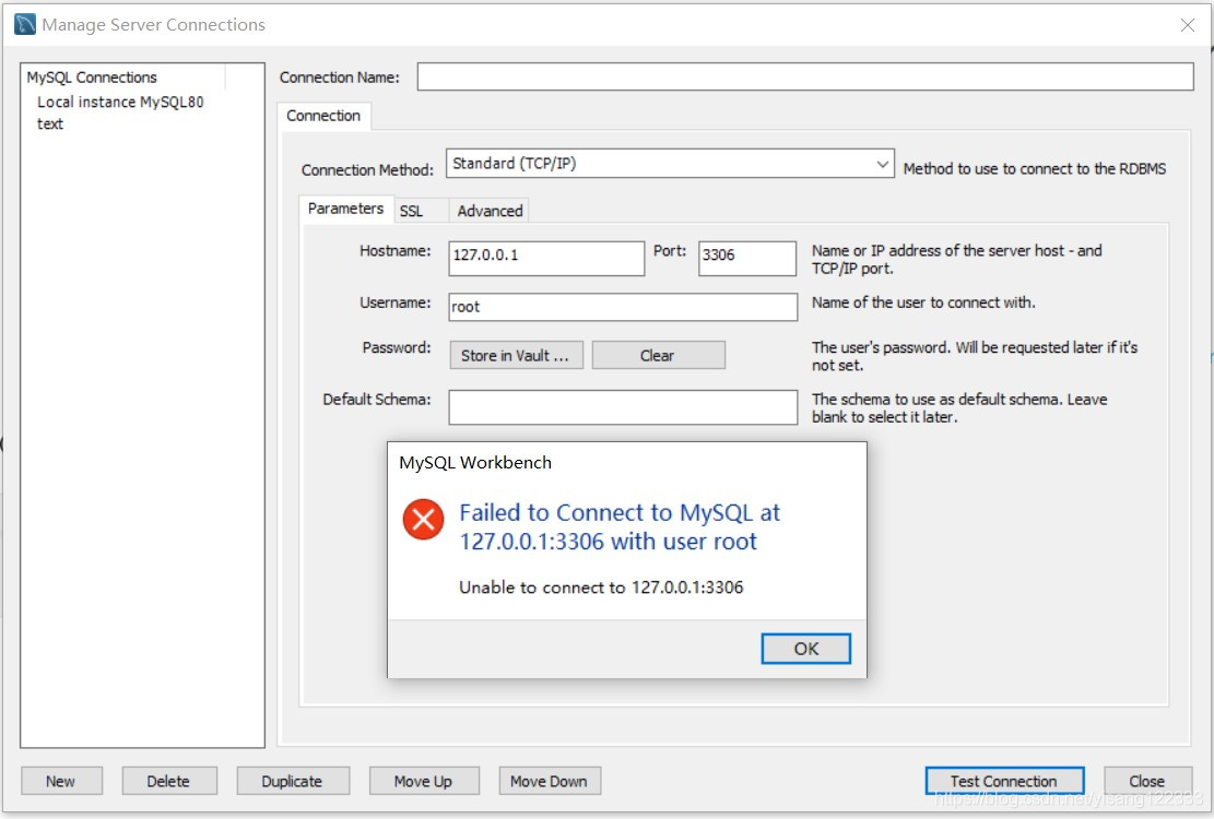 Failed to connect to MySQL at localhost:3306 with user root