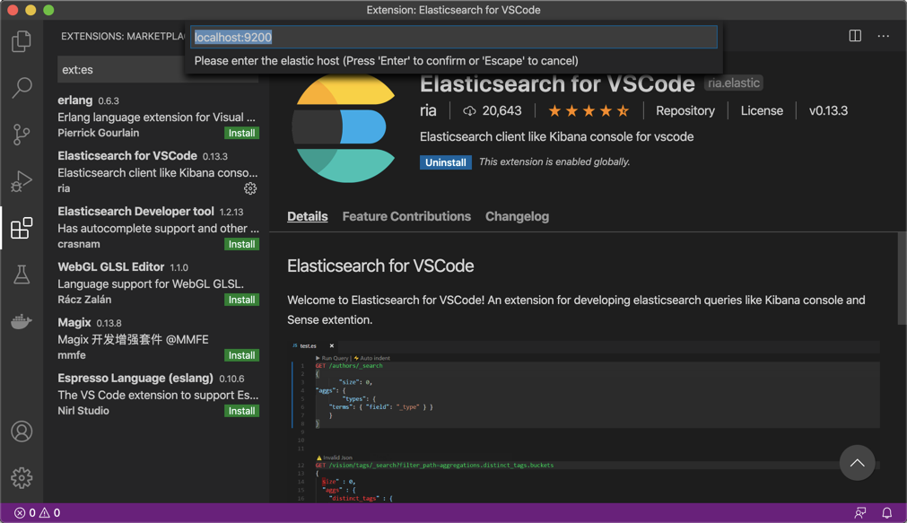 使用 Visual Studio Code 运行 Elasticsearch queries_vscode 操作elasticsearch