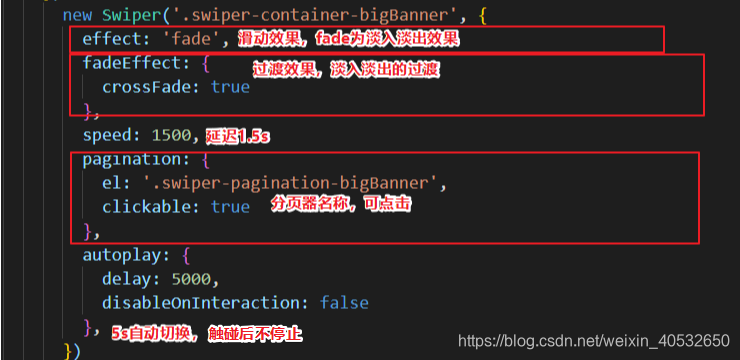 new Swiper('.swiper-container-bigBanner', { effect: 'fade', fadeEffect: { crossFade: true }, speed: 1500, pagination: { el: '.swiper-pagination-bigBanner', clickable: true }, autoplay: { delay: 5000, disableOnInteraction: false }, })
