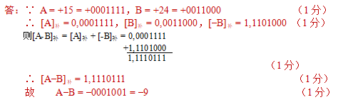 答：∵ A = +15 = +0001111，B = +24 = +0011000       （1分）∴ [A]补 = 0,0001111，[B]补 = 0,0011000，[-B]补 = 1,1101000 （1分）（1分）∴ [A-B]补 = 1,1110111                 （1分）故　　A-B = -0001001 = -9               （1分）